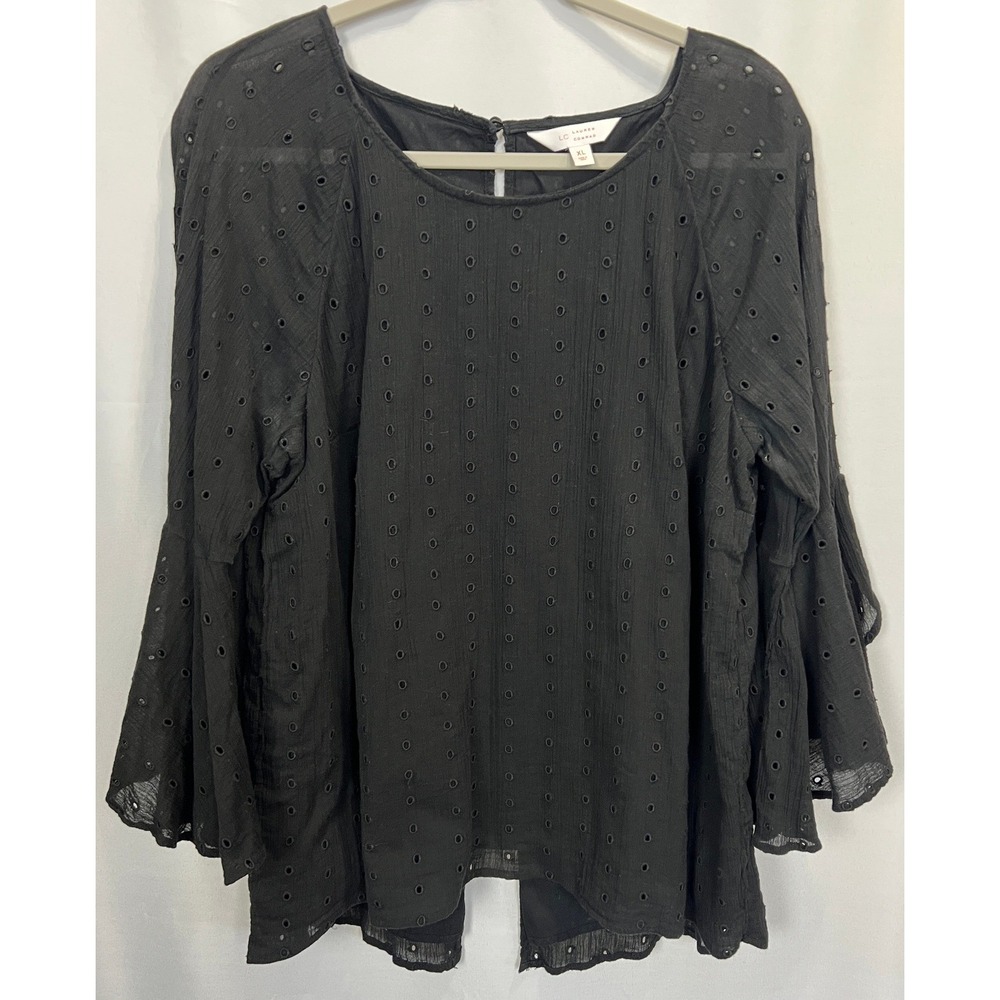 LC Lauren Conrad Black Eyelet Bell Sleeve Blouse XL Boho Split Back Top